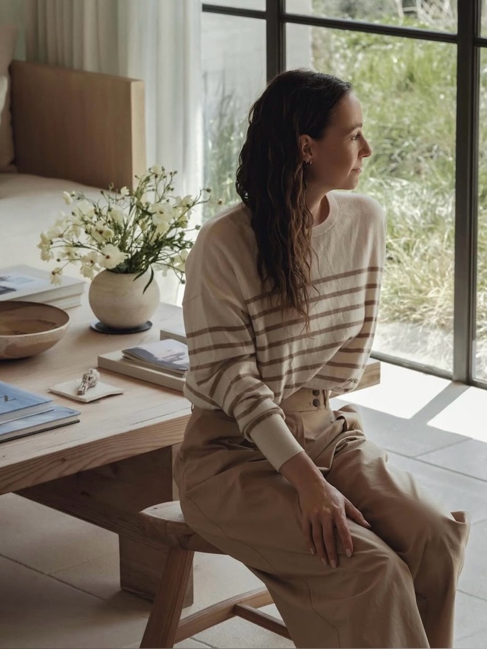 NWOT Jenni Kayne Avery Crewneck Sweater Stripe Cotton Merino Neutral S Summer - Picture 2 of 10